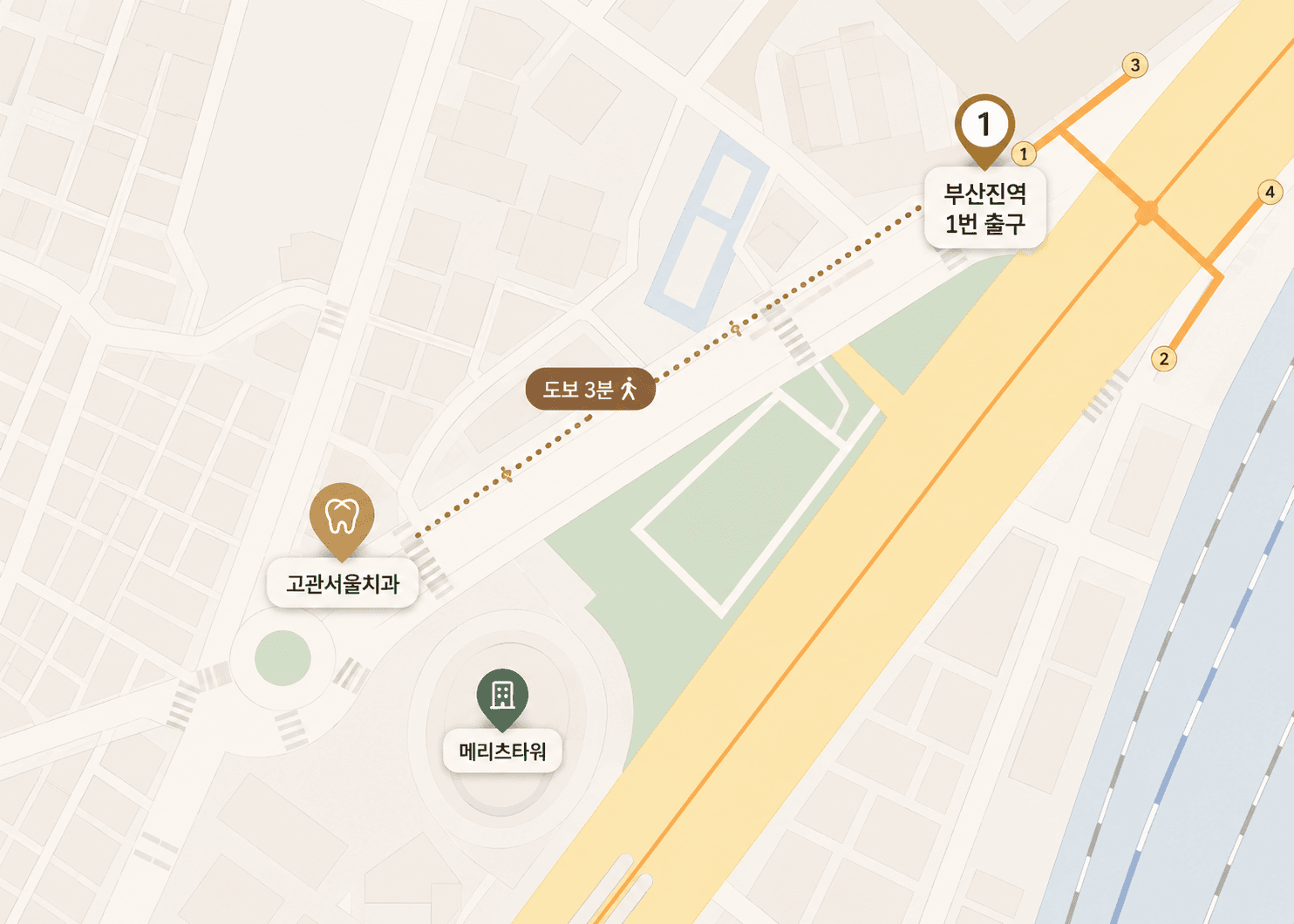 부산진역 1번 출구에서 고관서울치과까지 도보 약 3분 경로 지도 — 인근에 메리츠타워 표시